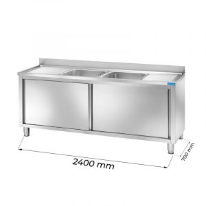 Évier armoire en acier inoxydable avec deux cuves et égouttoir à droite et à gauche L2400xP700xH850 mm - ligne premium