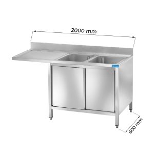Évier armoire en acier inoxydable avec compartiment pour lave-vasseille, deux cuves et égouttoir à gauche L2000xP600xH850 mm - ligne premium