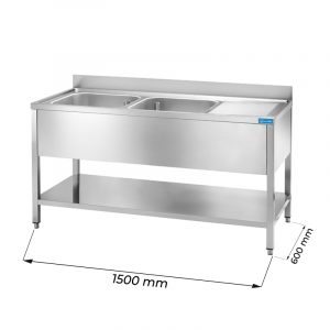 Évier ouvert en acier inoxydable avec deux cuves et égouttoir à droite L1500xP600xH850 mm - ligne premium