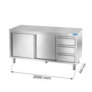 Table armoire en acier inoxydable avec trois tiroirs verticaux à droite sans dosseret L2000xP600xH850 mm - ligne premium