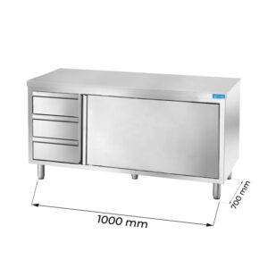 Table armoire en acier inoxydable avec trois tiroirs verticaux à gauche sans dosseret L1000xP700xH850 mm - ligne premium