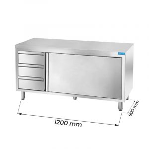 Table armoire en acier inoxydable avec trois tiroirs verticaux à gauche sans dosseret L1200xP600xH850 mm - ligne premium
