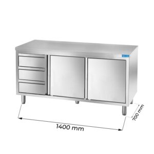 Table armoire en acier inoxydable avec trois tiroirs verticaux à gauche sans dosseret L1400xP700xH850 mm - ligne premium