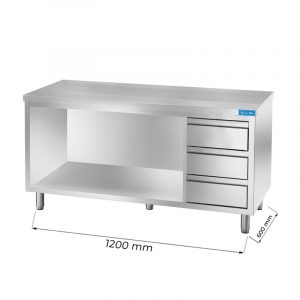 Table en acier inoxydable par jour avec trois tiroirs verticaux à droite sans dosseret L1200xP600xH850 mm - ligne premium