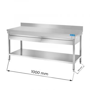 Table ouvert en acier inoxydable avec deux tiroirs, étagère de fond et dosseret L1000xP700xH850 mm - ligne premium