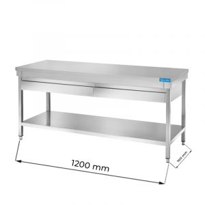 Table ouvert en acier inoxydable avec deux tiroirs et étagère de fond sans dosseret L1200xP700xH850 mm - ligne premium