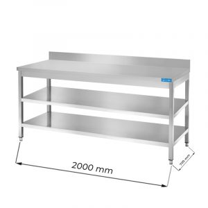 Table ouvert en acier inoxydable avec deux étagères avec dosseret L2000xP700xH850 mm - ligne premium