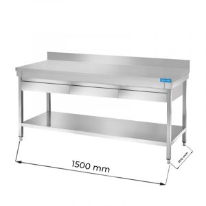 Table ouvert en acier inoxydable avec trois tiroirs, étagère de fond et dosseret L1500xP700xH850 mm - ligne premium