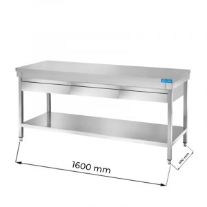 Table ouvert en acier inoxydable avec trois tiroirs et étagère de fond sans dosseret L1600xP600xH850 mm - ligne premium