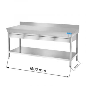 Table ouvert en acier inoxydable avec quatre tiroirs, étagère de fond et dosseret L1800xP700xH850 mm - ligne premium