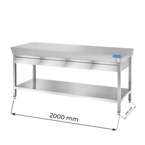 Table ouvert en acier inoxydable avec quatre tiroirs et étagère de fond sans dosseret L2000xP600xH850 mm - ligne premium
