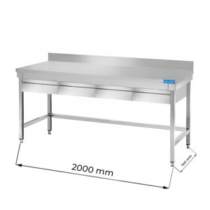 Table ouvert en acier inoxydable avec quatre tiroirs sans étagère de fond avec dosseret L2000xP700xH850 mm - ligne premium