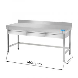 Table ouvert en acier inoxydable avec trois tiroirs sans étagère de fond avec dosseret L1400xP700xH850 mm - ligne premium