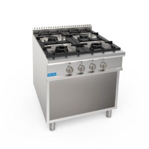Cuisinière à gaz 4 feux avec 1 brûleur de 3,5 kw + 1 brûleur de 5,5 kw + 2 brûleurs de 7,4 kw sur compartiment à jour