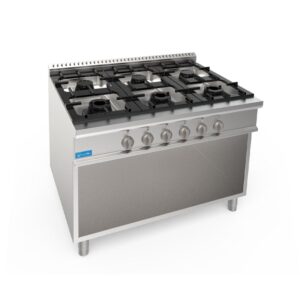 Cuisinière à gaz 6 feux avec 1 brûleur de 3,5 kw + 2 brûleurs de 5,5 kw + 3 brûleurs de 7,4 kw sur compartiment à jour