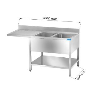 Évier ouvert en acier inoxydable pour lave-vaisselle avec deux cuves et égouttoir à gauche L1600xP600xH850 mm - ligne premium