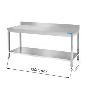 Table ouvert en acier inoxydable avec étagère de fond et dosseret L1200xP500xH850 mm - ligne premium