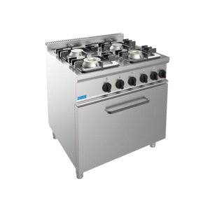 Cuisinière à gaz 4 feux avec 2 brûleurs de 4,5 kw + 2 brûleurs de 7,5 kw sur four électrique GN 2/1 puissance 5,48 kw