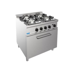 Cuisinière à gaz 4 feux avec 2 brûleurs de 4,5 kw + 2 brûleurs de 7,5 kw sur four à gaz GN 2/1 puissance 7,9 kw