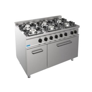 Cuisinière à gaz 6 feux avec 3 brûleurs de 4,5 kw + 3 brûleurs de 7,5 kw sur four électrique GN 2/1 puissance 5,48 kw