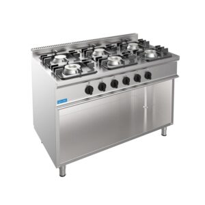 Cuisinière à gaz 6 feux avec 3 brûleurs de 4,5 kw + 3 brûleurs de 7,5 kw sur compartiment par jour