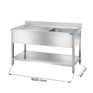 Évier ouvert en acier inoxydable sur les jambes avec dosseret et égouttoir à gauche L1600xP600xH850 mm - ligne basic