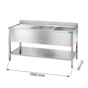 Évier ouvert en acier inoxydable sur les jambes avec N.2 cuves avec dosseret et égouttoir à gauche L1700xP600xH850 mm - ligne basic