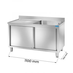 Évier en acier inoxydable avec dosseret et gouttière à gauche L1100xP700xH850 mm - ligne basic