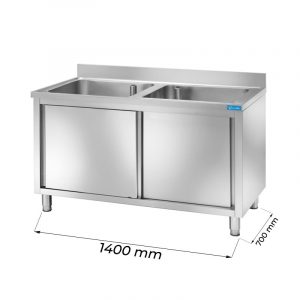 Évier en acier inoxydable avec N.2 cuves avec dosseret L1400xP600xH850 mm - ligne basic