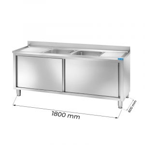 Évier en acier inoxydable avec N.2 cuves avec dosseret et N.2 gouttelettes L1800xP600xH850 mm - ligne basic