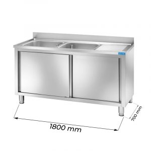 Évier en acier inoxydable avec N.2 cuves avec dosseret et égouttoir à droite L1800xP700xH850 mm - ligne basic