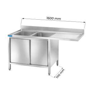 Évier en acier inoxydable pour lave-vaisselle avec N.2 cuves avec dosseret et égouttoir à droite L1600xP700xH850 mm - ligne basic