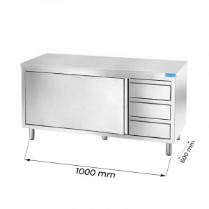 Table de travail en acier inoxydable avec N.1 porte et N.3 tiroirs verticaux à droite L1000xP600xH850 mm - ligne basic