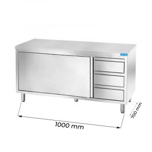 Table de travail en acier inoxydable avec N.1 porte et N.3 tiroirs verticaux à droite L1000xP700xH850 mm - ligne basic