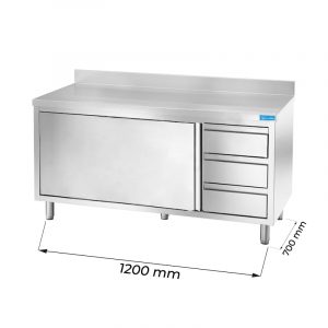 Table de travail en acier inoxydable avec N.1 porte et N.3 tiroirs verticaux à droite avec dosseret L1200xP700xH850 mm - ligne basic