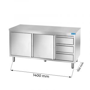 Table de travail en acier inoxydable avec N.2 porte et N.3 tiroirs verticaux à droite L1400xP700xH850 mm - ligne basic