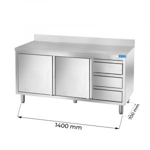 Table de travail en acier inoxydable avec N.2 portes et N.3 tiroirs verticaux à droite avec dosseret L1400xP700xH850 mm - ligne basic