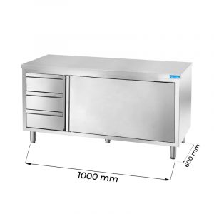 Table de travail en acier inoxydable avec N.1 porte et N.3 tiroirs verticaux à gauche L1000xP600xH850 mm - ligne basic