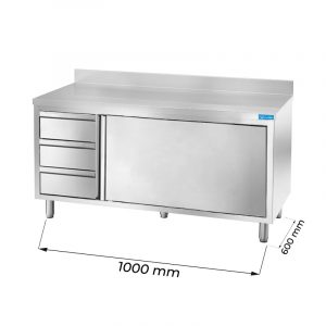 Table de travail en acier inoxydable avec N.1 porte et N.3 tiroirs verticaux à gauche avec dosseret L1000xP600xH850 mm - ligne basic