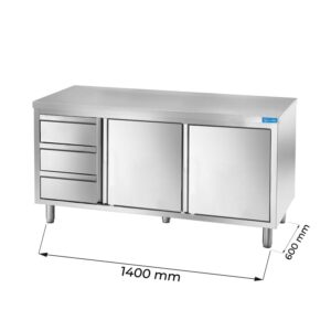 Table de travail en acier inoxydable avec N.2 portes et N.3 tiroirs verticaux à gauche L1400xP600xH850 mm - ligne basic
