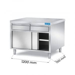 Table en acier inoxydable avec portes et N.2 tiroirs horizontaux L1200xP700xH850 mm - ligne basic
