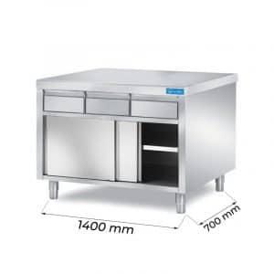 Table en acier inoxydable avec portes et N.3 tiroirs horizontaux L1400xP700xH850 mm - ligne basic