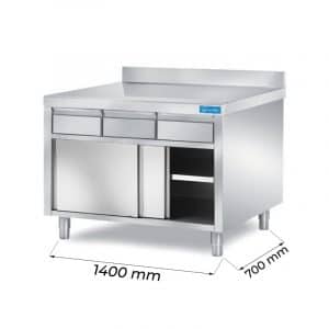 Table en acier inoxydable avec portes et N.3 tiroirs horizontaux avec dosseret L1400xP700xH850 mm - ligne basic