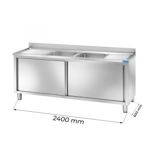 Évier armoire en acier inoxydable avec deux cuves et égouttoir à droite et à gauche L2400xP600xH850 mm - ligne premium