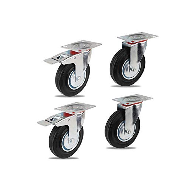 Set 4 ruote in gomma Ø 50 su piastra nichelata, 2 con freno, 2 senza freno