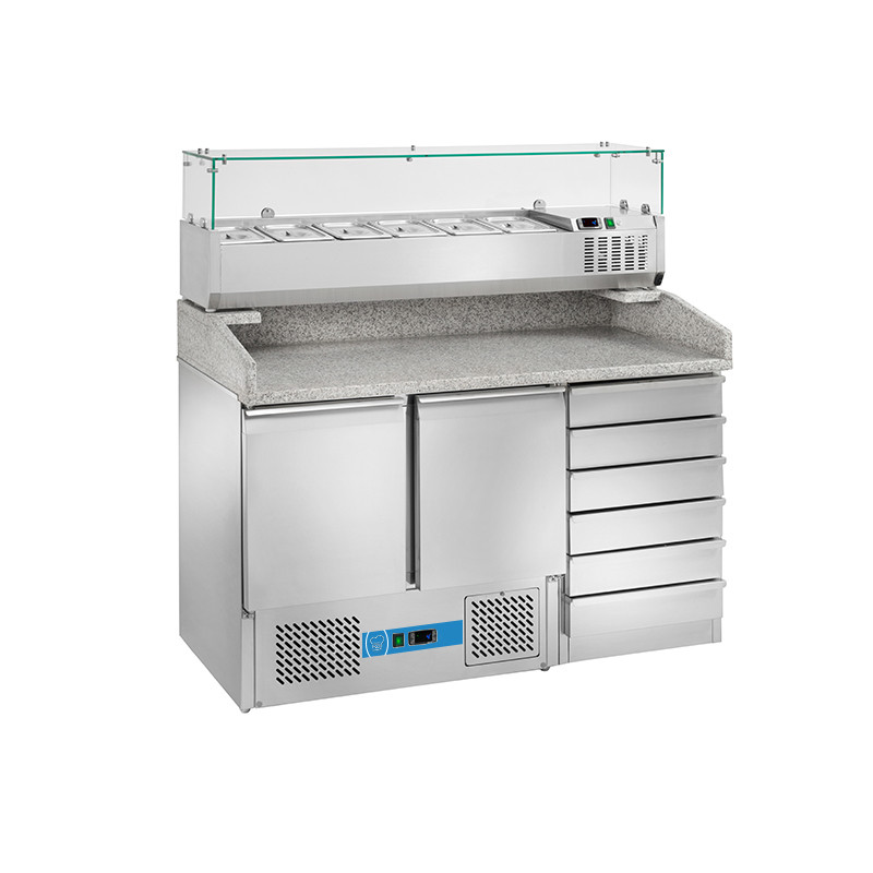Table réfrigérée à pizza avec n° 2 portes  GN 1/1 + 6 tiroirs et vitrine porte-goût pour 6 bassines GN 1/4