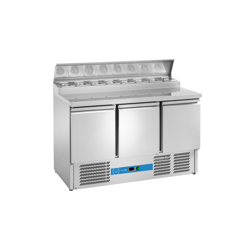 Saladette à réfrigération statique avec n° 3 portes et  et plan en acier inox + couvercle- température de +2°C à +8°C