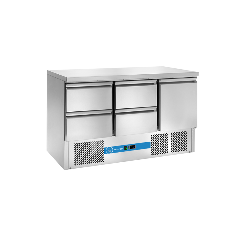 Saladette à réfrigération statique avec n° 1 portes + n° 4 tiroirs et plateau en acier inox - température de +2°C à +8°C