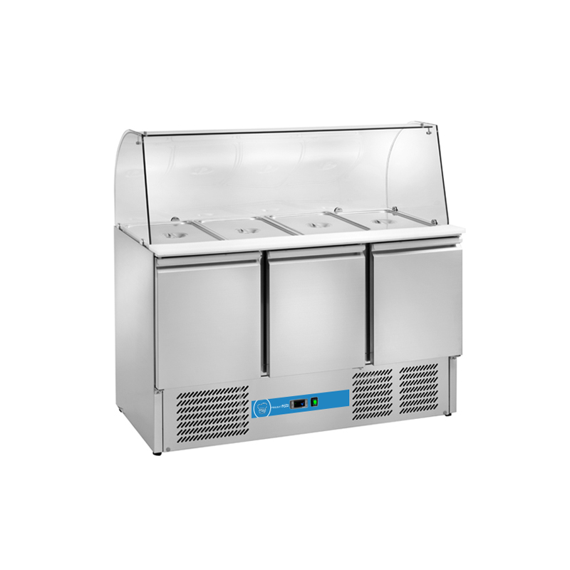 Saladette à réfrigération statique avec n° 3 portes et verre incurvé - température de +2°C à +8°C