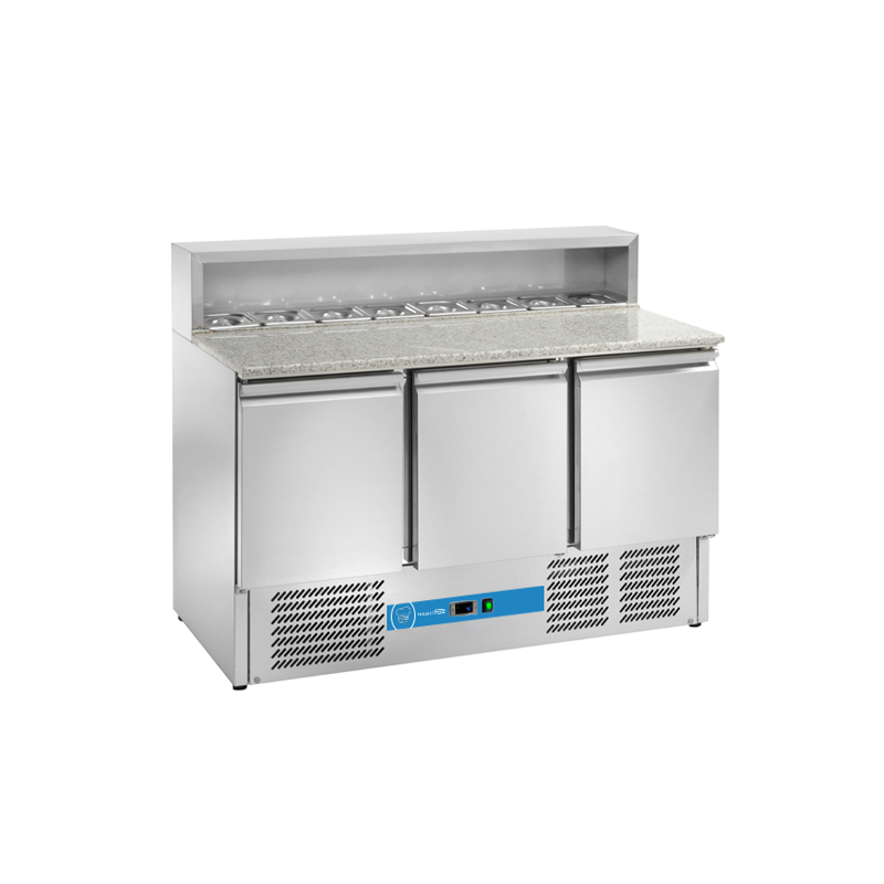 Saladette à réfrigération statique avec n° 3 portes et plan en granit + dosseret - température de +2 °C à +8°C